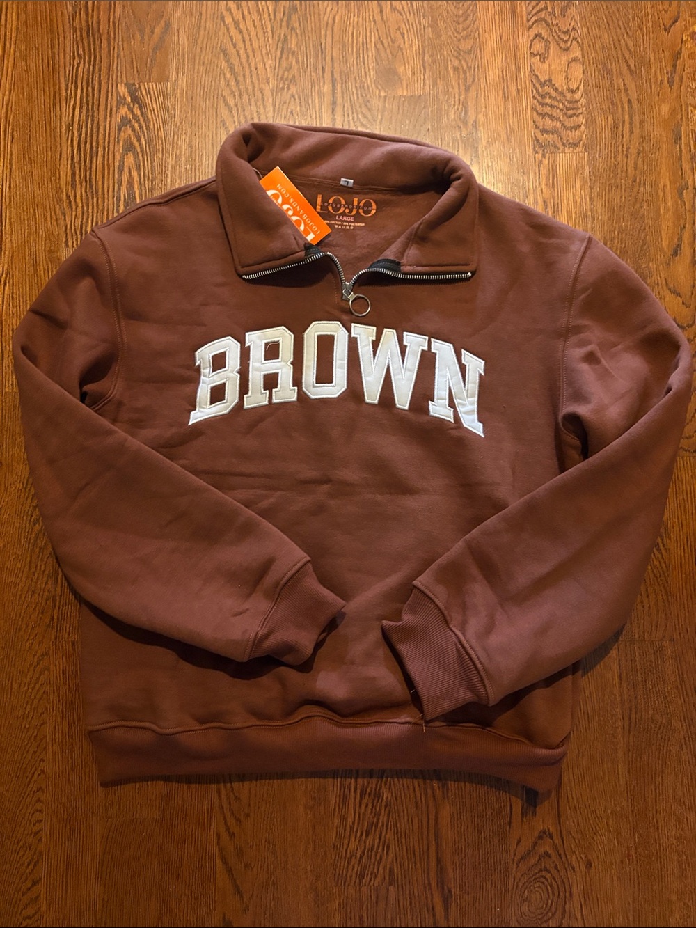 Brown Half-Zip Pullover Sweatshirt with White 'BROWN' Applique